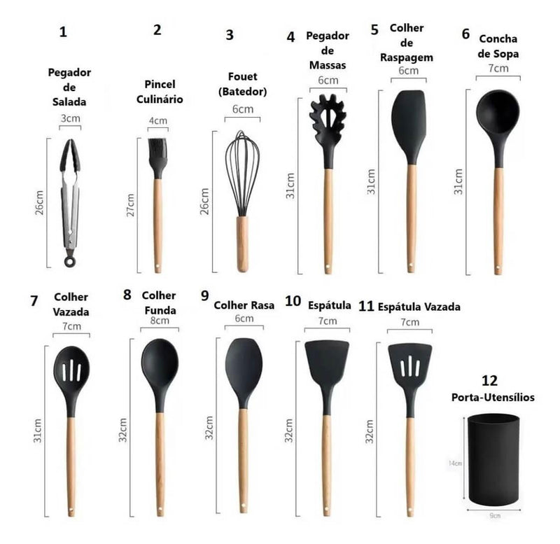 Kit Ustensiles de Cuisine en Silicone avec Manche en Bois