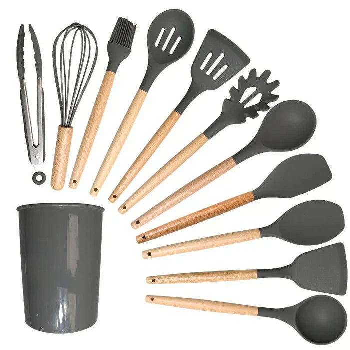 Kit Ustensiles de Cuisine en Silicone avec Manche en Bois