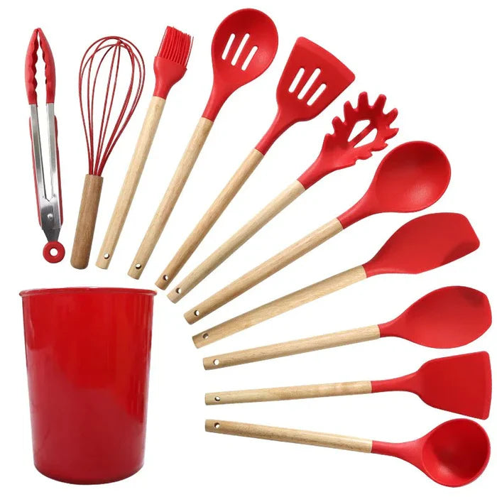 Kit Ustensiles de Cuisine en Silicone avec Manche en Bois