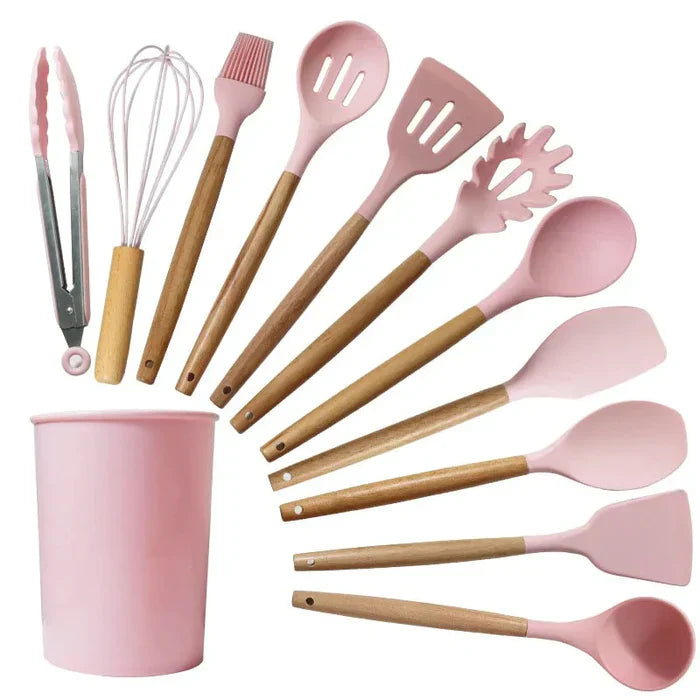 Kit Ustensiles de Cuisine en Silicone avec Manche en Bois