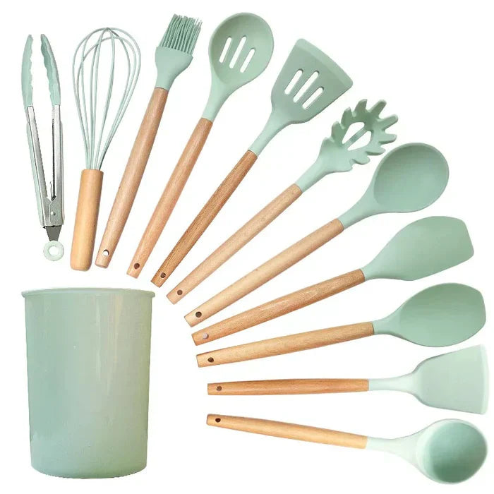 Kit Ustensiles de Cuisine en Silicone avec Manche en Bois